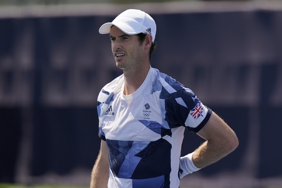 Andy Murray, of Britain, played in a doubles match during the first round of the tennis competition at the 2020 Summer Olympics, Saturday, July 24, 2021, in Tokyo, Japan. (AP Photo/Seth Wenig)
Andy Mu ...