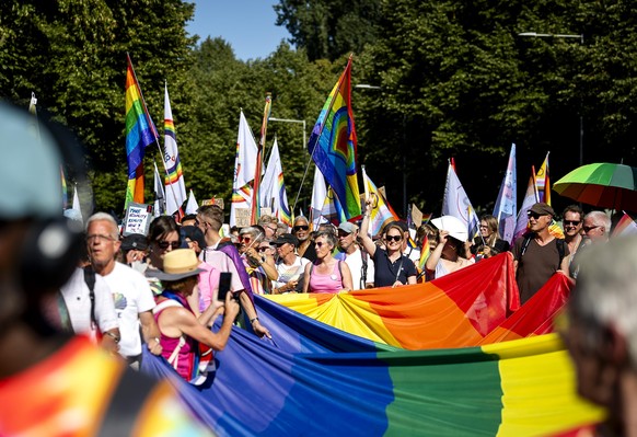 epa13157065 Participants of the Pride March walk towards Museumplein in Amsterdam, the Netherlands, 08 August 2026. The peaceful protest march marks the conclusion of WorldPride, which took place in A ...