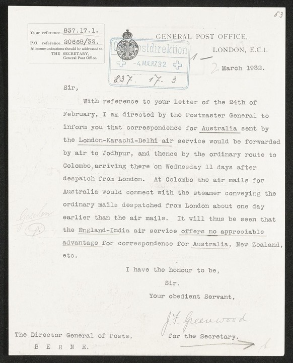 Wenn das Flugzeug gleich lange hat wie das Dampfschiff: Das britische General Post Office erläutert 1932 die Luftpostverbindungen nach Australien.