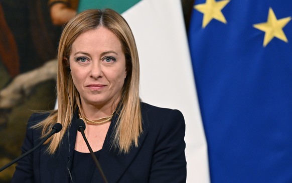 epa10398045 Italian Prime Minister Giorgia Meloni holds a joint news conference with Japanese prime minister following their meeting at the Chigi Palace in Rome, Italy, 10 January 2023. Kishida is on  ...