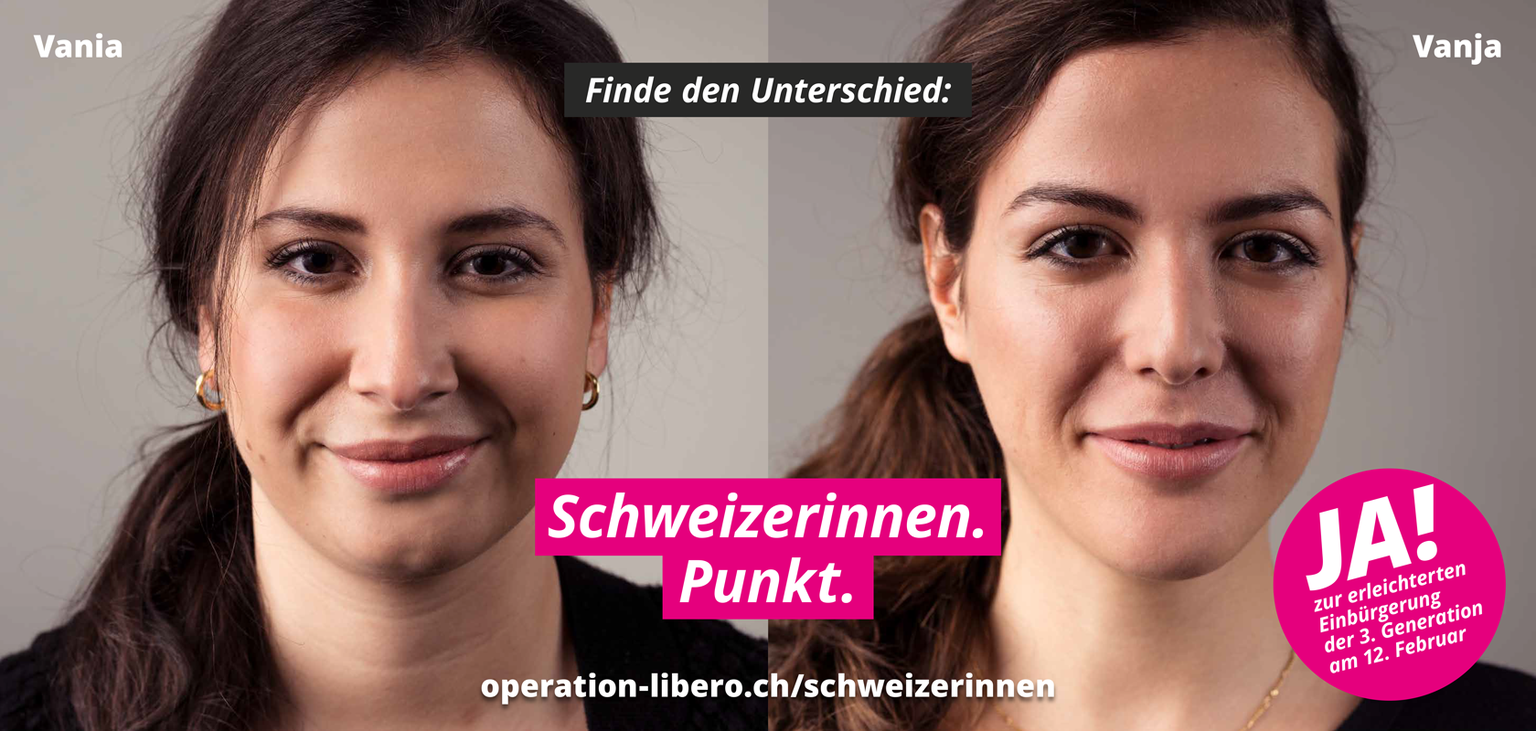 Plakat von Operation Libero mit Vania und Vanja: Die eine ist Terza, die andere hat das Schweizer Bürgerrecht.