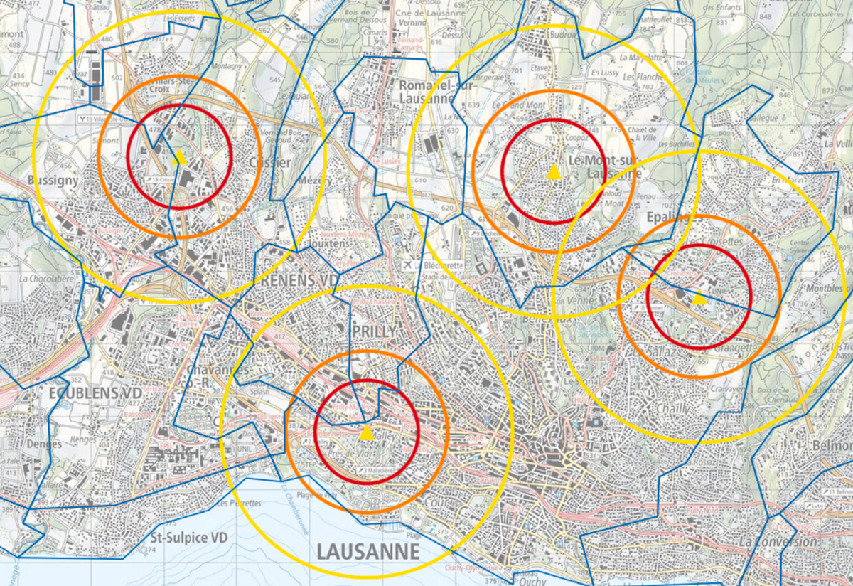 Cette illustration montre quatre des centres d’asile étudiés et leurs environs dans l’agglomération lausannoise.
