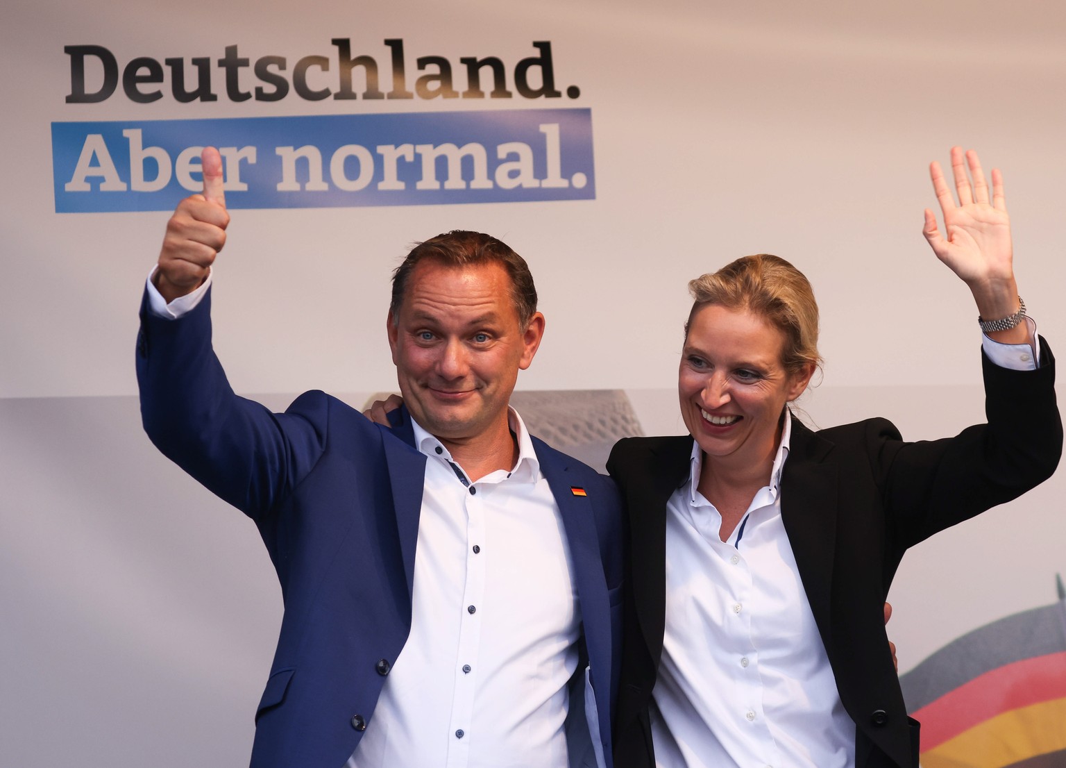epa09408693 Alternative for Germany party (AfD) deputy chairwoman and top candidate for the upcoming federal elections Alice Weidel (R) and Alternative for Germany party (AfD) co-chairman and top cand ...