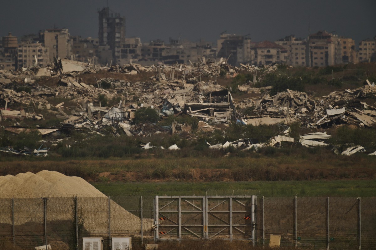 Buildings that were destroyed during the Israeli ground and air operations stand in the northern Gaza Strip as seen from southern Israel, Thursday, July 2, 2026, on the 1,000th day of war since the Ha ...
