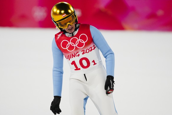 Stolz Daniela Iraschko, of Austria, reacts during the ski jumping mixed team final at the 2022 Winter Olympics, Monday, Feb. 7, 2022, in Zhangjiakou, China. (AP Photo/Matthias Schrader)