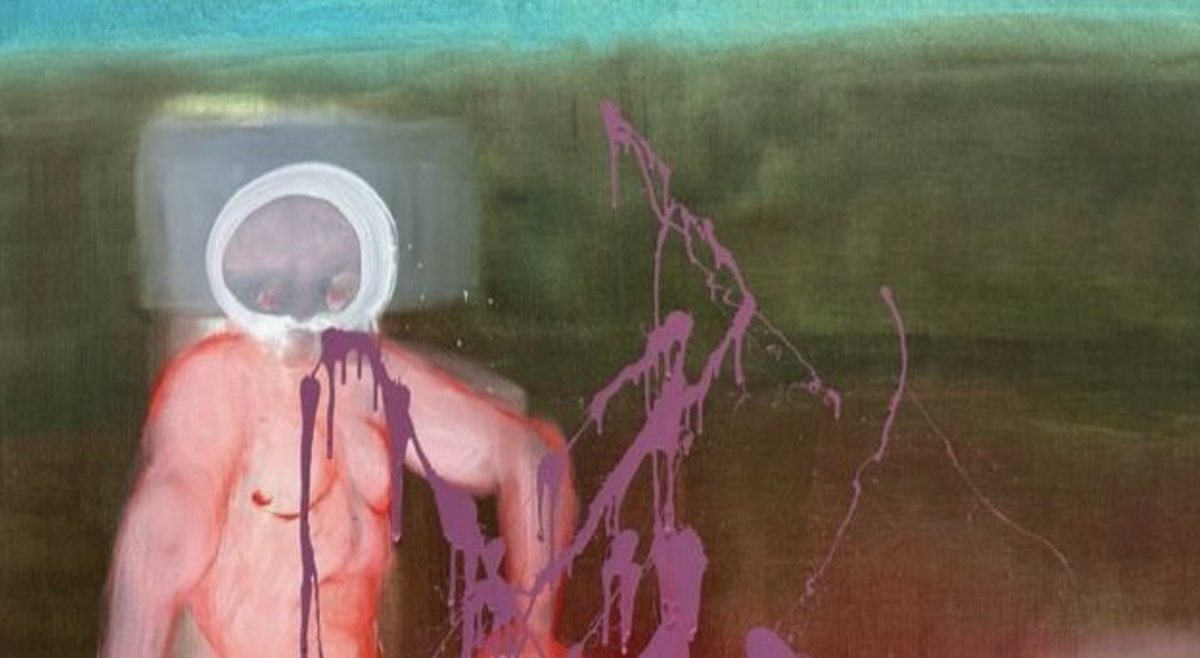 Haut du tableau nommé Fuck Abstraction!, attaqué à la peinture violette.