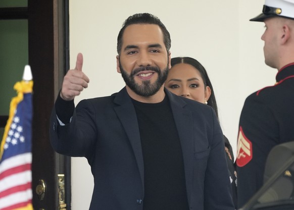 El Salvador&#039;s President Nayib Bukele gives a thumbs up as he departs following a meeting at the White House with President Donald Trump, Monday, April 14, 2025, in Washington. (AP Photo/Manuel Ba ...