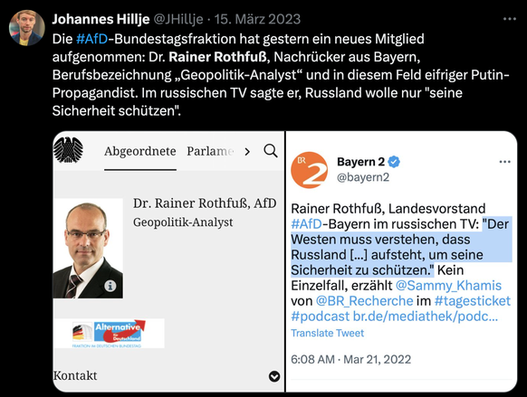 Tweet zu Rainer Rothfuss, deutscher Putin-Propagandist und AfD-Politiker.