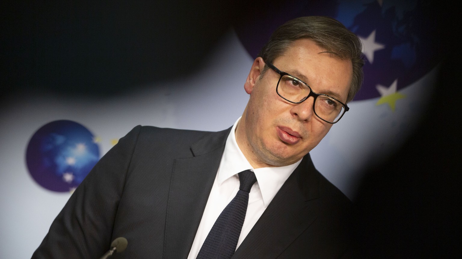 FILE - Serbian President Aleksandar Vucic speaks during a joint media conference with European Union foreign policy chief Josep Borrell at the EEAS building in Brussels, Monday, April 26, 2021. Serbia ...