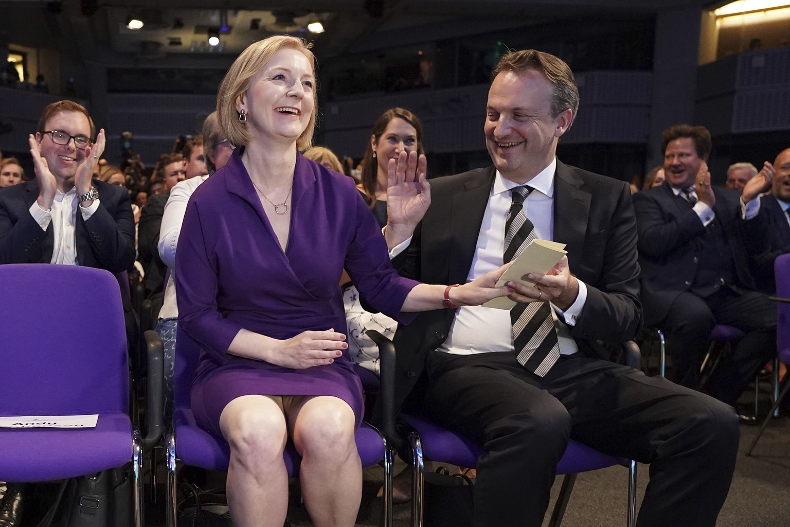 Liz Truss and her husband Hugh O&#039;Leary at the Queen Elizabeth II Centre in London, Monday Sept. 5, 2022. Britain
