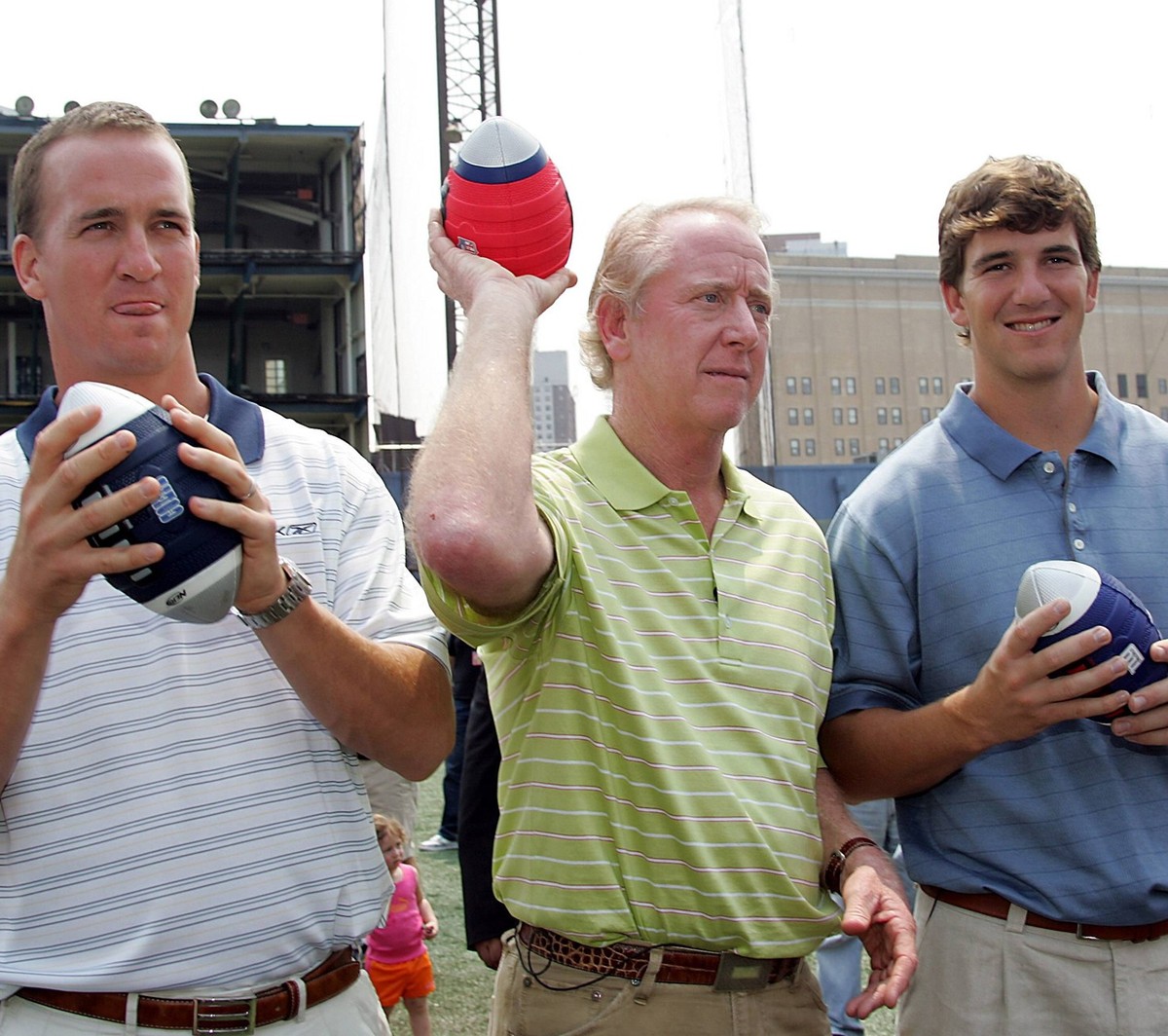 June 15, 2008 - New York, New York, U.S. - (Left-Right) Peyton Manning, Archie Manning and Eli Manning take part in the world s largest father-child Nerf football catch at Chelsea Piers in New York Ju ...