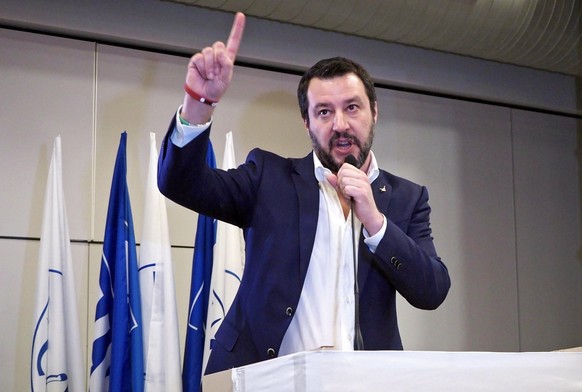 epa06493910 Matteo Salvini, leader of right-wing party Lega Nord (Northern League, LN), delivers a speech during his electoral tour at San Lazzaro di Savena, Italy, 03 February 2018. Italian nationali ...