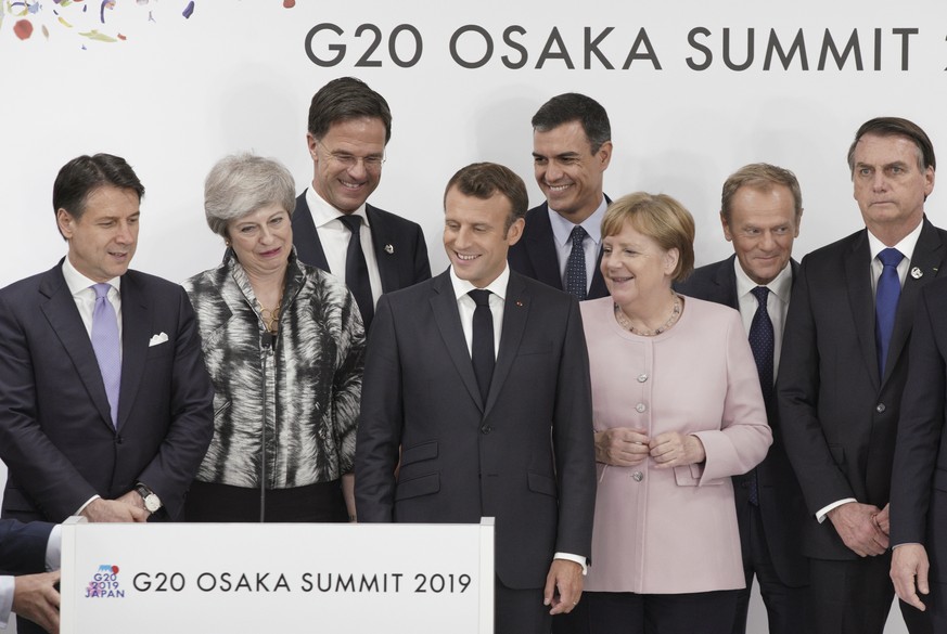 From left, Italian Prime Minister Giuseppe Conte, British Prime Minister Theresa May, Dutch Prime Minister Mark Rutte, French President Emmanuel Macron, Spanish Prime Minister Pedro Sanchez, German Ch ...