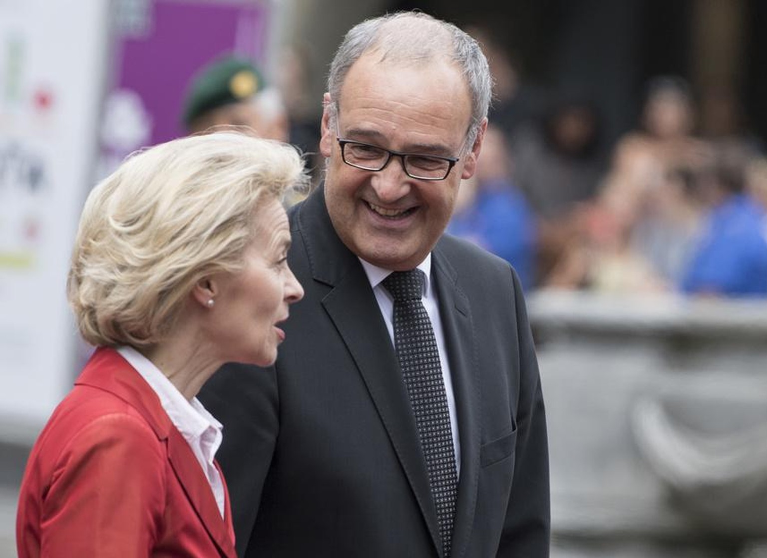 Swiss Federal Councilor Guy Parmelin, center, receives the Federal Minister of Defense of Germany Ursula von der Leyen, left, and Minister of Defense of Austria Mario Kunasek, right, at the Annual Tri ...