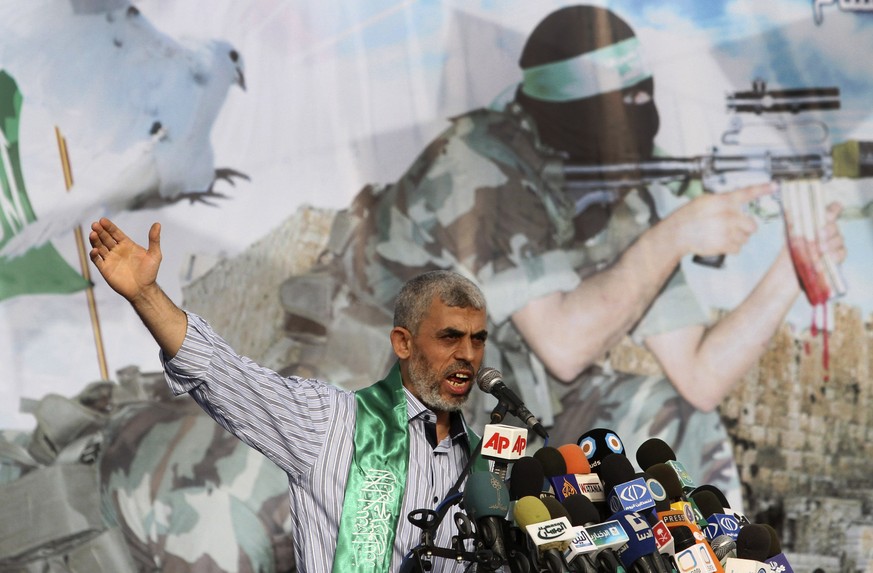 FILE - Yahya Sinwar talks during a rally in Khan Younis, southern Gaza Strip, on Oct. 21, 2011. (AP Photo/Hatem Moussa, File)