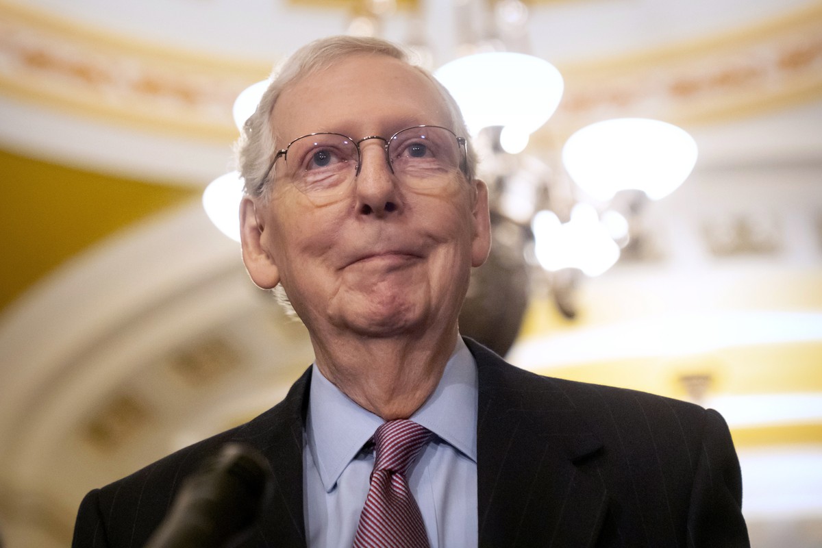 FILE - Senate Minority Leader Mitch McConnell of Ky., speaks during a press availability on Capitol Hill, Feb. 27, 2024, in Washington. McConnell says he'll step down as Senate Republican leader  ...