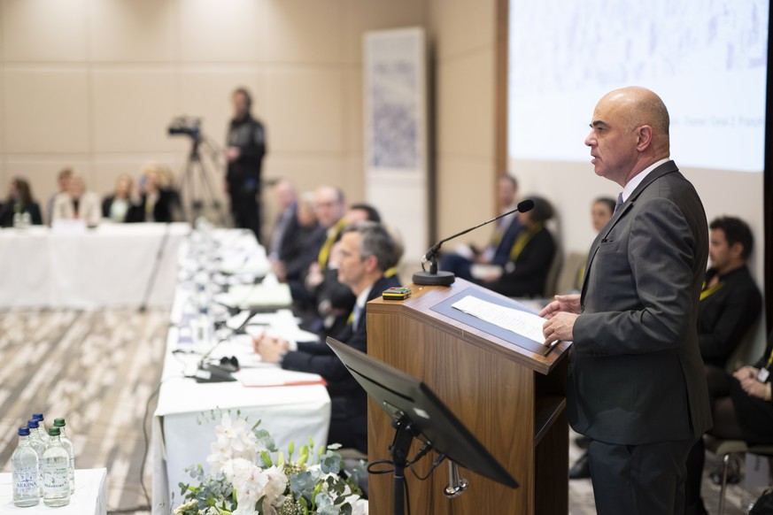 epa10407327 Swiss Federal President Alain Berset during his opening remarks at the &#039;Davos Alliance&#039; (conference of ministers of culture) on the sideline of the 52nd annual meeting of the Wor ...