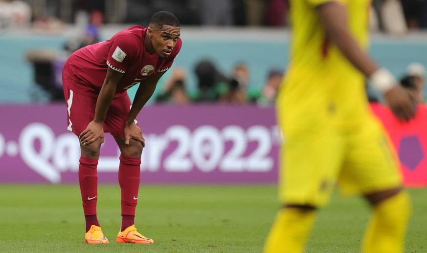 epa10316587 Pedro Miguel of Qatar reacts after losing the FIFA World Cup 2022 group A Opening Match between Qatar and Ecuador at Al Bayt Stadium in Al Khor, Qatar, 20 November 2022. EPA/Friedemann Vog ...