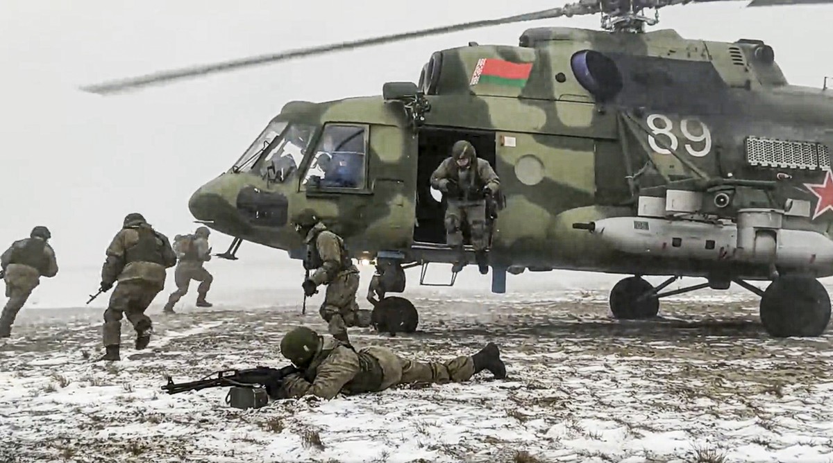 FILE - In this photo taken from video and released by the Russian Defense Ministry Press Service on Friday, Feb. 4, 2022, soldiers take part in joint drills between Belarus and Russia at Brestsky firi ...