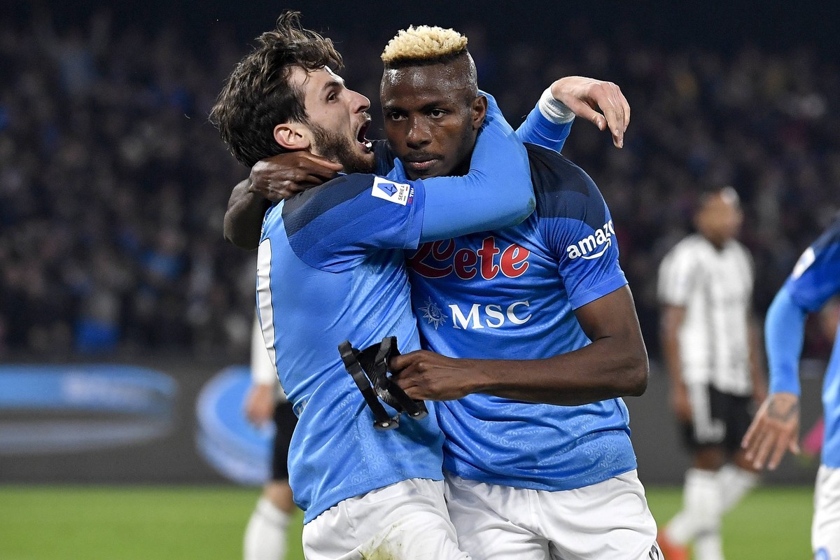 Victor Osimhen of SSC Napoli r celebrates with Khvicha Kvaratskhelia after scoring the goal of 1-0 during the Serie A football match between SSC Napoli and Juventus FC at Diego Armando Maradona stadiu ...