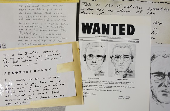 FILE - In this May 3, 2018, file photo, a San Francisco Police Department wanted bulletin and copies of letters sent to the San Francisco Chronicle by a man who called himself Zodiac are displayed in  ...