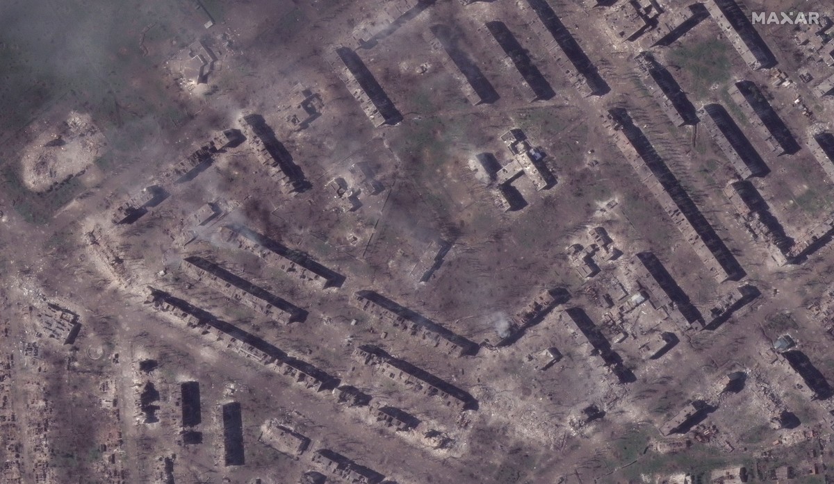 This satellite image provided by MaxarTechnologies shows demolished school no 12 and apartment buildings in Bakhmut, Ukraine, Monday, May 15, 2023. (Satellite image �2023 Maxar Technologies via AP)