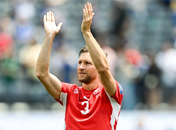 Silvan Widmer of Switzerland applaud fans after the 4-1 win the FIFA Mens World Cup 2026 Group Stage football match between Switzerland and Bosnia and Herzegovina at Los Angeles Stadium, in Inglewood  ...