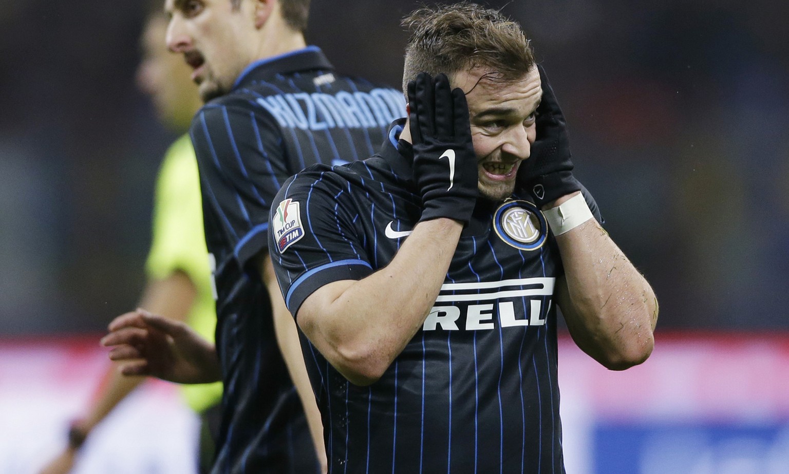 Inter Milans Xherdan Shaqiri reacts after missing a scoring chance during an Italian Cup soccer match between Inter Milan and Sampdoria at the San Siro stadium in Milan, Italy, Wednesday, Jan. 21, 20 ...