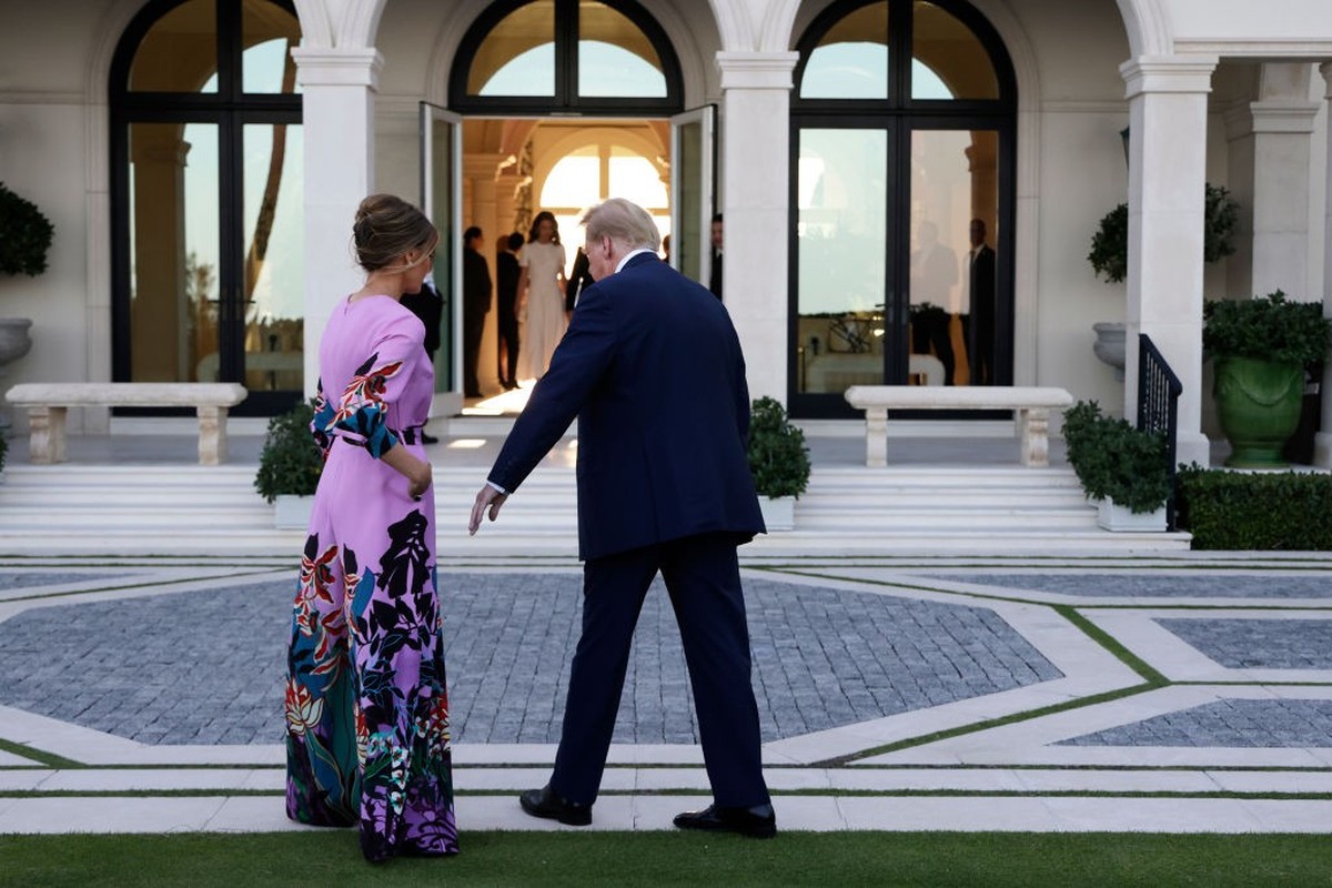 PALM BEACH, FLORIDA - APRIL 6: Republican presidential candidate, former US President Donald Trump, arrives at the home of billionaire investor John Paulson, with former first lady Melania Trump, on A ...