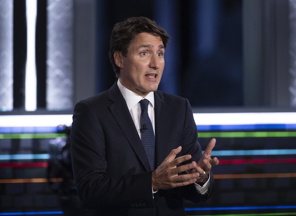 Liberal leader Justin Trudeau speaks during the federal election French-language leaders debate, Wednesday, Sept 8, 2021, in Gatineau, Quebec. (Justin Tang/The Canadian Press via AP)