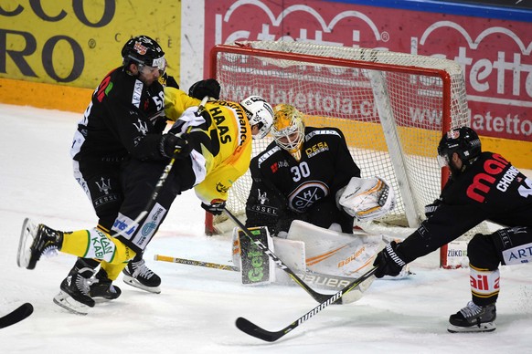 Lugano&#039;s player Romain Loeffel, Bern&#039;s player Gaetan Haas, Lugano&#039;s goalkeeper Elvis Merzlikins and Lugano&#039;s player Taylor Chorney, from left, during the regular season game of Nat ...