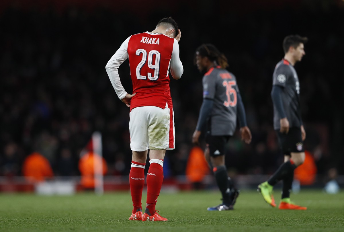 Britain Football Soccer - Arsenal v Bayern Munich - UEFA Champions League Round of 16 Second Leg - Emirates Stadium, London, England - 7/3/17 Arsenal's Granit Xhaka looks dejected after the game  ...