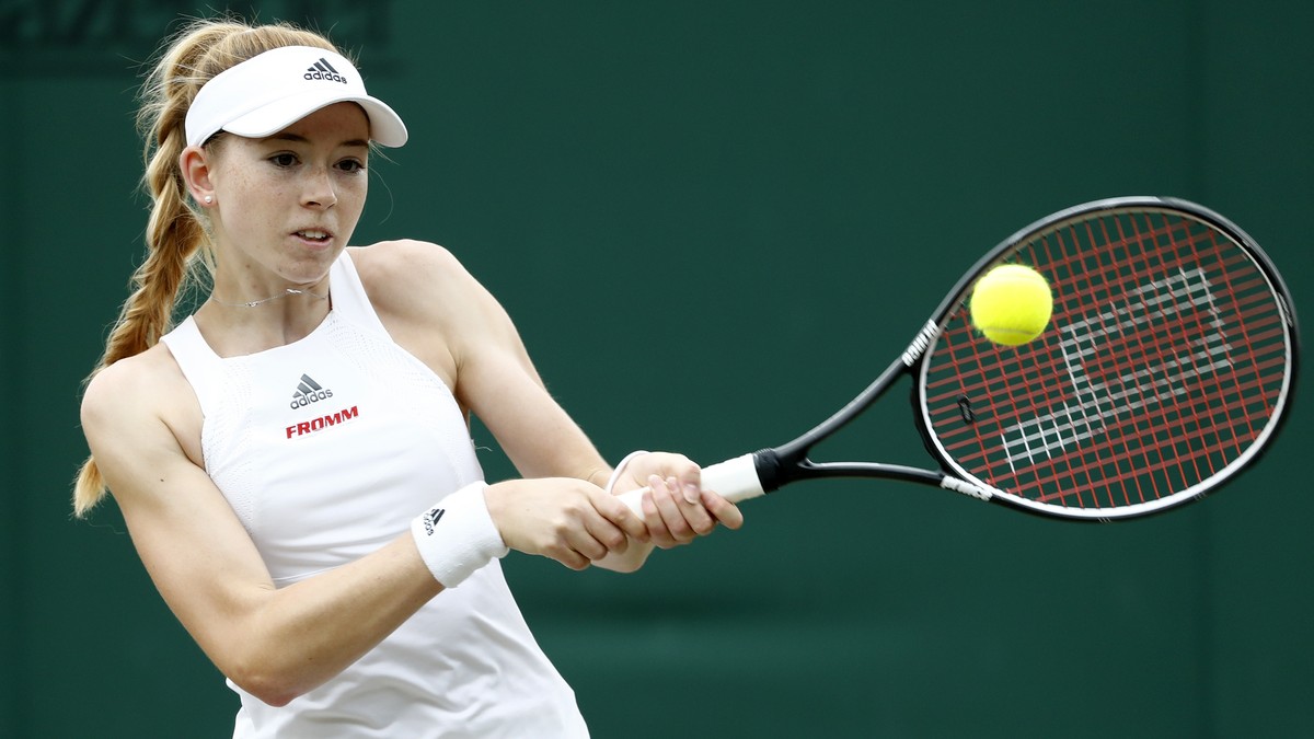 Simona Waltert of Switzerland in action during her girls' singles quarter final match against Sofia Sewing of USA at the Wimbledon Championships at the All England Lawn Tennis Club, in London, Br ...