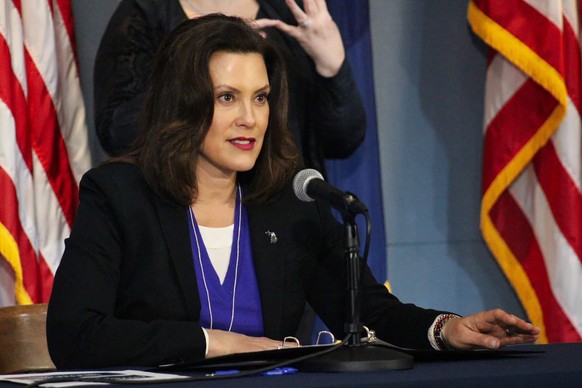 This photo provided by the Michigan Office of the Governor, Michigan Gov. Gretchen Whitmer addresses the state during a speech in Lansing, Mich., Friday, April 17, 2020. Whitmer said she hopes to grad ...