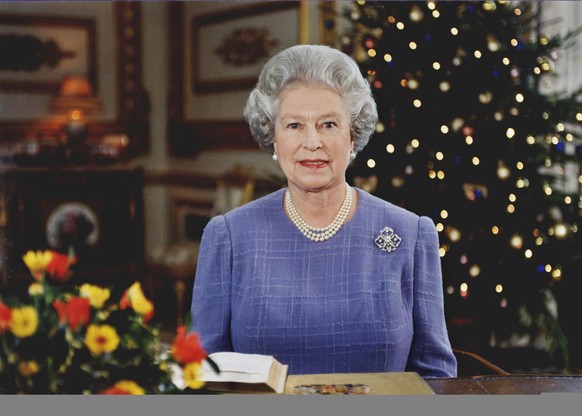 1997 Britain's Queen Elizabeth II makes her traditional Christmas broadcast. It was recorded at Windsor Castle. (Photo by John Stillwell - PA Images/PA Images via Getty Images)