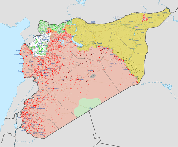 Rot = Assad-Regime, Gelb = SDF, Grün (im Norden) = Syrische Opposition und Türkei.
