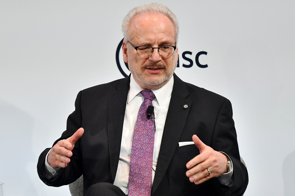 epa10475445 Latvian President Egils Levits speaks during the the 59th Munich Security Conference (MSC) in Munich, Germany, 18 February 2023. More than 500 high-level international decision-makers meet ...
