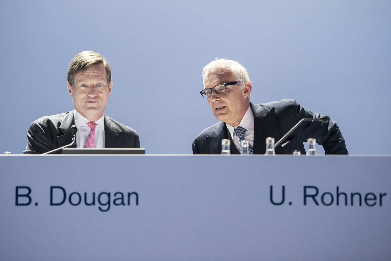 Brady Dougan und Urs Rohner bei der heutigen GV von Credit Suisse.&nbsp;