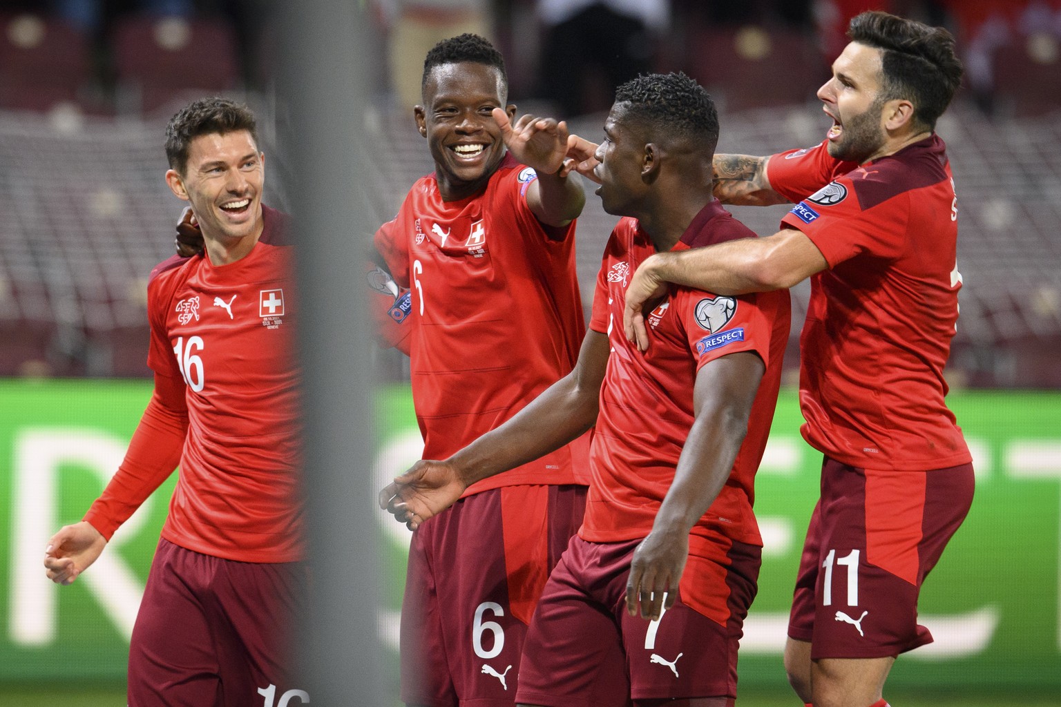 From left, Switzerland&#039;s midfielder Christian Fassnacht, Switzerland&#039;s midfielder Denis Zakaria, Switzerland&#039;s forward Breel Embolo and Switzerland&#039;s midfielder Renato Steffen cele ...