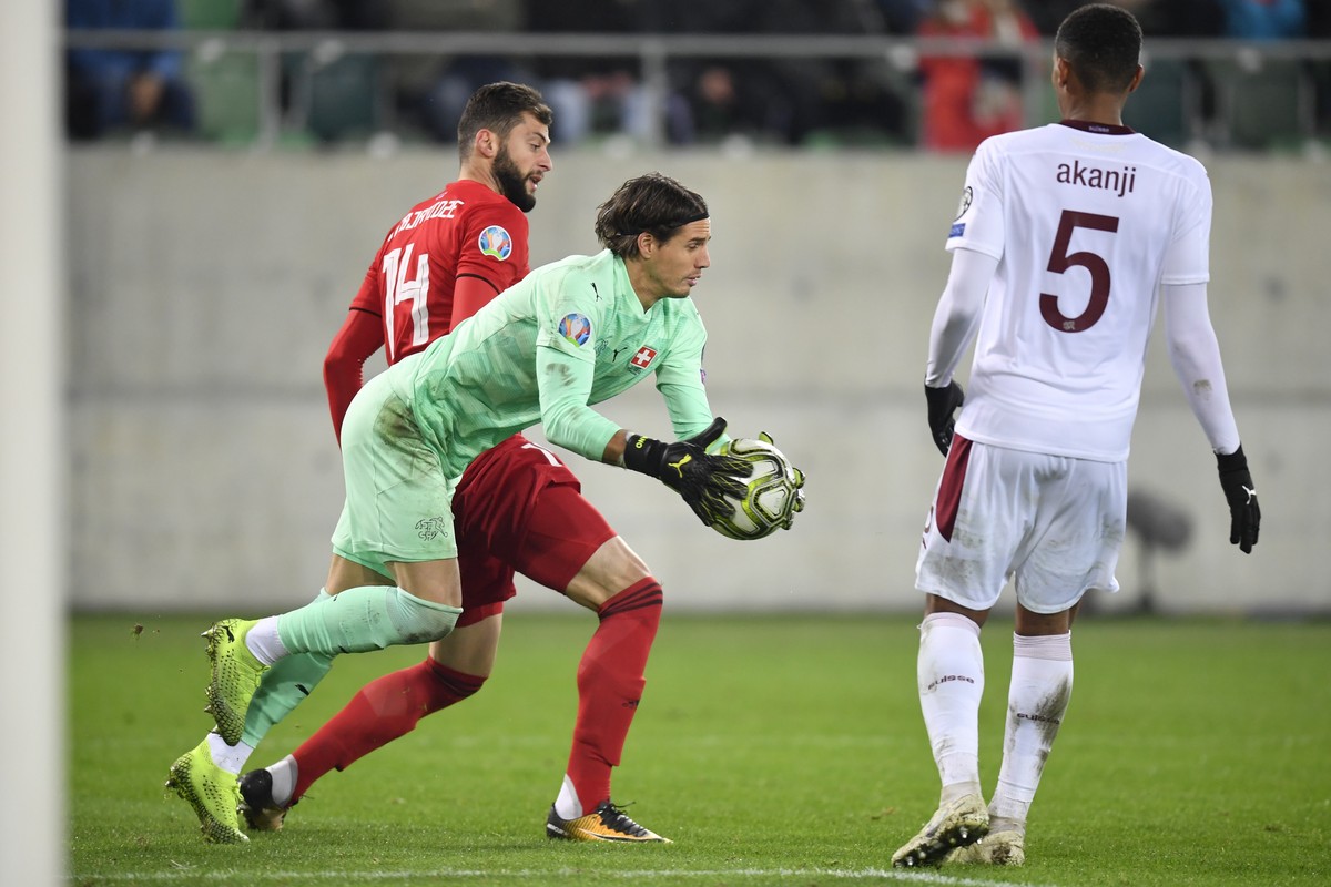 Switzerland's goalkeeper Yann Sommer in action during the UEFA Euro 2020 qualifying Group D soccer match between Switzerland and Georgia at the Kybunpark stadium in St. Gallen, Switzerland, Frida ...