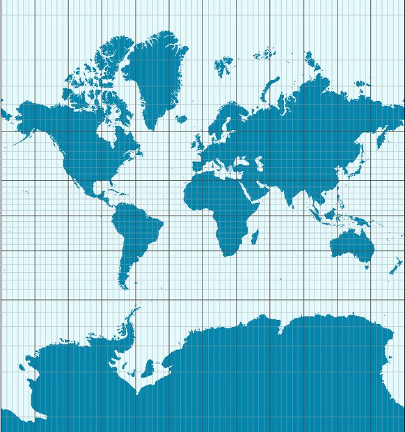 Mercator-Projektion: Die Form der Länder stimmt, aber die Regionen in Polnähe sind viel grösser dargestellt als jene in Äquatornähe. 