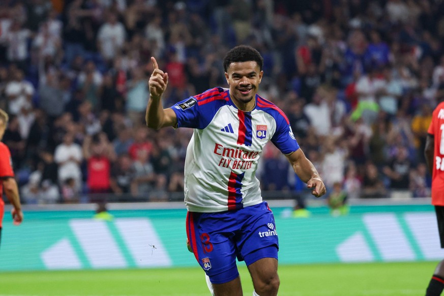 Olympique Lyonnais v Stade Rennais FC - Ligue 1 McDonald s 2026/2027 Zachary ATHEKAME of Lyon celebrate after scores during Ligue 1 McDonald s match between Lyon and Rennes at Groupama Stadium on Sept ...