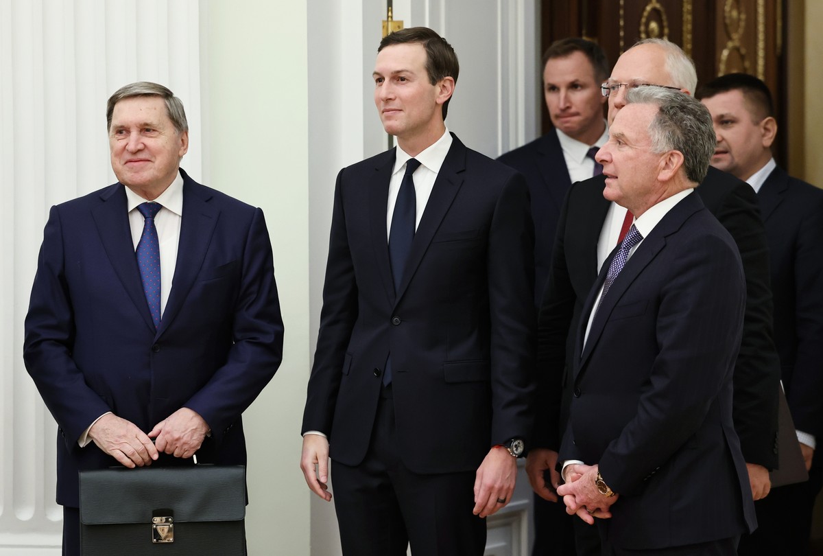 Russian Presidential foreign policy adviser Yuri Ushakov, left, Jared Kushner, U.S. President Donald Trump's son-in-law, center, U.S. special envoy Steve Witkoff, foreground right, and Russian Di ...