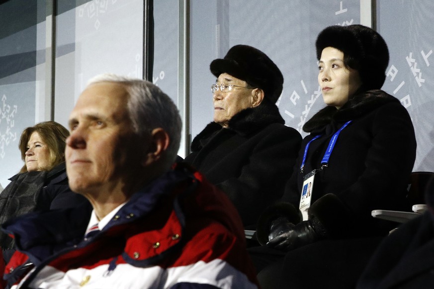 FILE - In this Feb. 9, 2018 file photo, Kim Yo Jong, top right, sister of North Korean leader Kim Jong Un, sits alongside North Korea&#039;s nominal head of state Kim Yong Nam, and behind U.S. Vice Pr ...