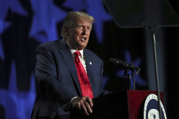 Former President Donald Trump speaks at the 56th annual Silver Elephant Gala in Columbia, S.C., Saturday, Aug. 5, 2023. (AP Photo/Artie Walker Jr.)
Donald Trump