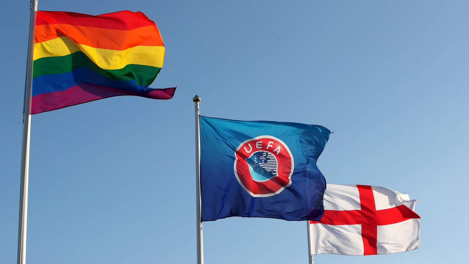 Birmingham City v Manchester City - FA Women s Super League - Sportnation.Bet Stadium The Rainbow, UEFA and England flags fly above St George’s Park. Picture date: Sunday February 28, 2021. EDITORIAL  ...