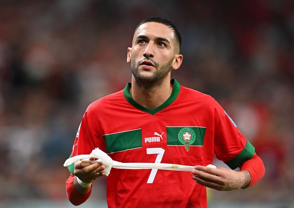 epa10359554 Hakim Ziyech of Morocco reacts as he leaves the pitch during the FIFA World Cup 2022 quarter final soccer match between Morocco and Portugal at Al Thumama Stadium in Doha, Qatar, 10 Decemb ...