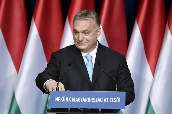 epa07359317 Hungarian Prime Minister Viktor Orban delivers his annual State of the nation speech in Budapest, Hungary, 10 February 2019. The Hungarian government will keep economic growth two percent  ...