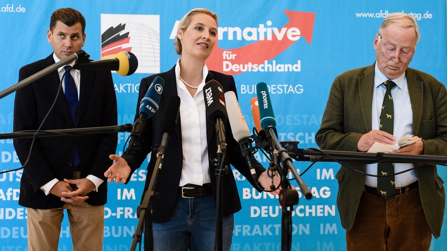 epa08384916 (FILE) - (L-R) Christian Lueth, spokesman of the German right-wing populist party Alternative for Germany (AfD), and the co-chairs of the parliamentary group Alice Weidel and Alexander Gau ...