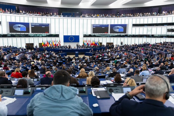 epa11650552 MEP&#039;s listen to Hungarian Prime Minister Viktor Orban speaking during a plenary session for the presentation of the programme of activities of the Hungarian Presidency at the European ...